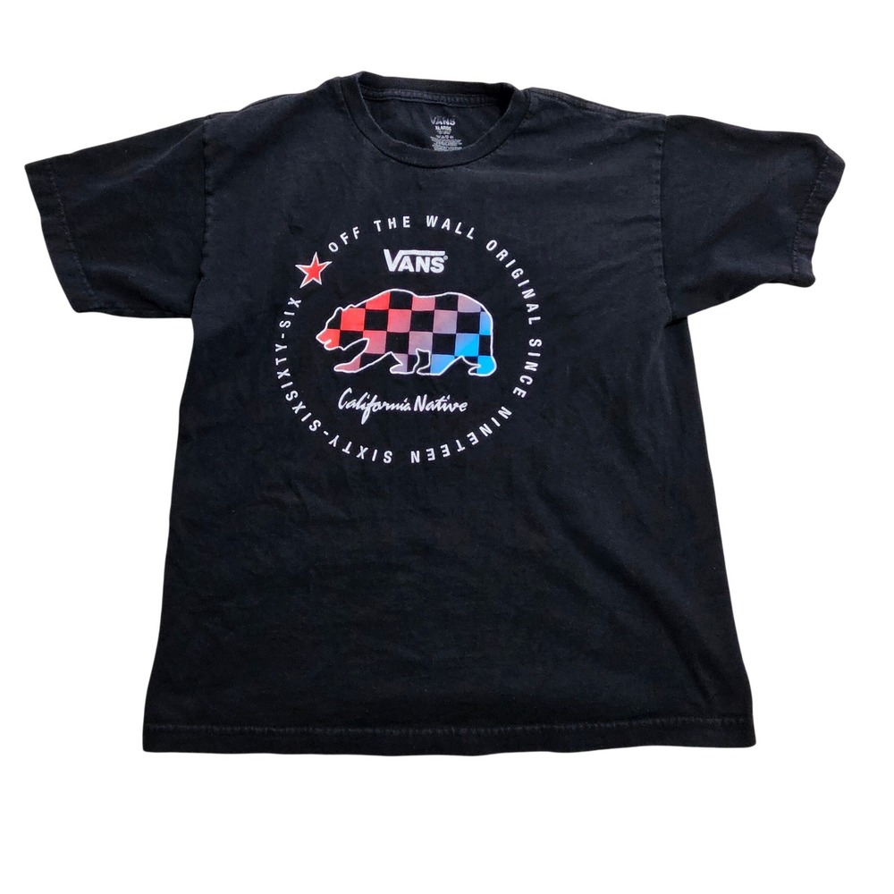 Vans Graphic T-Shirt Boys XL Black California Native Checkerboard Bear Tee